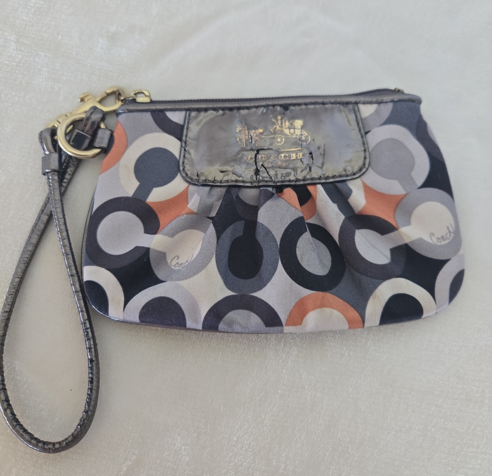 Coach Circular Print Wristlet in Gray, Navy & Coral